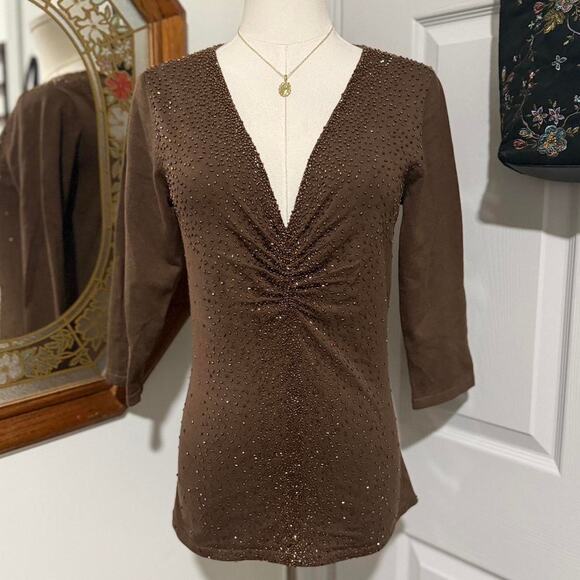 Y2K Colleen Lopez Dark Brown & Copper Beaded Ruched Mid Sleeve Glam Top S/M - Picture 3 of 7
